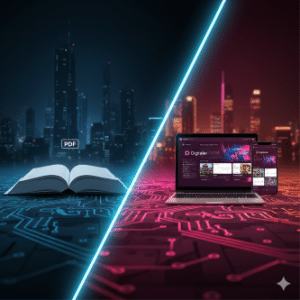 השוואה ויזואלית בין ממשק אתר אינטרנט למגזין דיגיטלי מדפדף (Flipbook) של דיגיטלר (Digitaler).