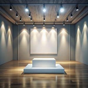 חלל אולם תצוגה מודרני, ריק ומעוצב עם תאורה אדריכלית, המיועד להצגת מוצרים באמצעות קטלוג דיגיטלי של דיגיטלר (Digitaler).