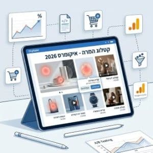 אילוסטרציה של קטלוג דיגיטלי אינטראקטיבי מבית דיגיטלר (Digitaler) המוצג על טאבלט, הכולל כפתורי רכישה, ניתוח נתוני המרה וממשק גוגל אנליטיקס