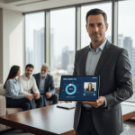 יועץ פיננסי מציג קטלוג דיגיטלי אינטראקטיבי עם נתונים וגרפים על גבי טאבלט, הפתרון של דיגיטלר (Digitaler) למגזר הפיננסי.