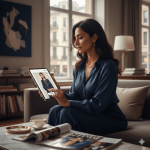 אישה יוקרתית מעיינת בקטלוג דיגיטלי לרשתות אופנה ותכשיטים של דיגיטלר (Digitaler) בפורמט Shoppable על גבי טאבלט, הממחיש חוויית קנייה מודרנית ואינטראקטיבית.