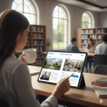 סטודנטית מעיינת בשנתון לימודים דיגיטלי של מכללה יוקרתית, המופק באמצעות הטכנולוגיה של דיגיטלר (Digitaler) להנגשת קורסים ומסלולי לימוד.