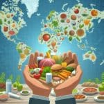 קטלוג לעמותה - איור מקצועי של ידיים מחזיקות מגש אוכל מגוון על רקע מפת עולם המורכבת מפירות וירקות, מיועד לקטלוג עמותות של דיגיטלר (Digitaler)