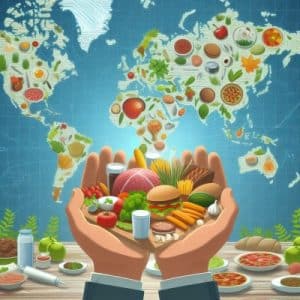 איור מקצועי של ידיים מחזיקות מגש אוכל מגוון על רקע מפת עולם המורכבת מפירות וירקות, מיועד לקטלוג עמותות של דיגיטלר (Digitaler)