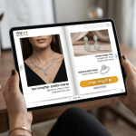 תצוגת קטלוג דיגיטלי רספונסיבי לתכשיטים בטאבלט מבית דיגיטלר (Digitaler) הכולל כפתורי רכישה וגלריית מוצרים.