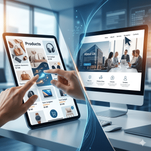 השוואה ויזואלית בין קטלוג דיגיטלי אינטראקטיבי בטאבלט לבין אתר תדמית עסקי במסך מחשב – דיגיטלר (Digitaler).