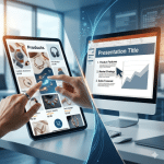 השוואה ויזואלית בין קטלוג דיגיטלי אינטראקטיבי המציג מוצרים בטאבלט עם תנועת דפדוף, לבין מצגת PowerPoint סטטית עם טקסט וגרף במסך מחשב – דיגיטלר (Digitaler).