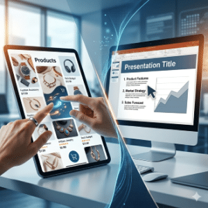 השוואה ויזואלית בין קטלוג דיגיטלי אינטראקטיבי המציג מוצרים בטאבלט עם תנועת דפדוף, לבין מצגת PowerPoint סטטית עם טקסט וגרף במסך מחשב – דיגיטלר (Digitaler).