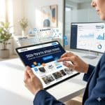 תמונת ריבועית (1:1) המציגה ידיים של אשת עסקים מתפעלות קטלוג דיגיטלי אינטראקטיבי על טאבלט, עם גרפיקת זרימת דאטה ו-AI, כותרת בעברית 'מהפכת הקטלוג הדיגיטלי 2026', ולוגו דיגיטלר (Digitaler) ברקע.