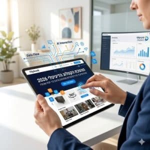 תמונת ריבועית (1:1) המציגה ידיים של אשת עסקים מתפעלות קטלוג דיגיטלי אינטראקטיבי על טאבלט, עם גרפיקת זרימת דאטה ו-AI, כותרת בעברית 'מהפכת הקטלוג הדיגיטלי 2026', ולוגו דיגיטלר (Digitaler) ברקע.