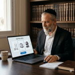 גבר חרדי משתמש במחשב נייד לצפייה בקטלוג דיגיטלי אינטראקטיבי מבית דיגיטלר (Digitaler) על רקע ספרייה יהודית.