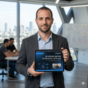 מומחה IT מציג קטלוג דיגיטלי אינטראקטיבי של פתרונות טכנולוגיים מורכבים בפורמט היוקרתי של דיגיטלר (Digitaler), על רקע משרד הייטק מודרני.