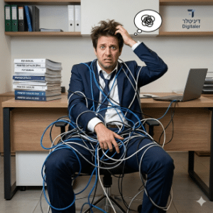 חוברת דיגיטלית אינטראקטיבית מבית דיגיטלר (Digitaler) – איור הומוריסטי של מנהל המנסה להשתחרר מכבלי ה-PDF הישנים לטובת קטלוג דיגיטלי מתקדם.