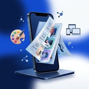 מחיר קטלוג דיגיטלי אינטראקטיבי בנייד – סמארטפון המציג דפדוף דינמי של קטלוג מוצרים דיגיטלי עם אייקונים של עיצוב גרפי ומסכים שונים.